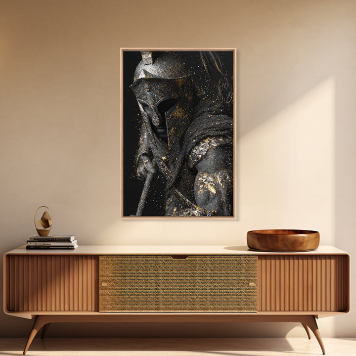 Spartan Warrior Helmet Portrait, Canvas Gold Canvas Print, Greek Soldier Wall Art, Heroic Decor, Real Wood Frame Artwork