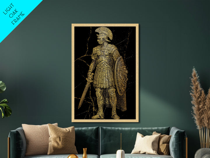 Roman Soldier With Lion Shield, Metallic Gold Metal Print, Gladiator Wall Art, Mythology Decor, Real Wood Frame Artwork