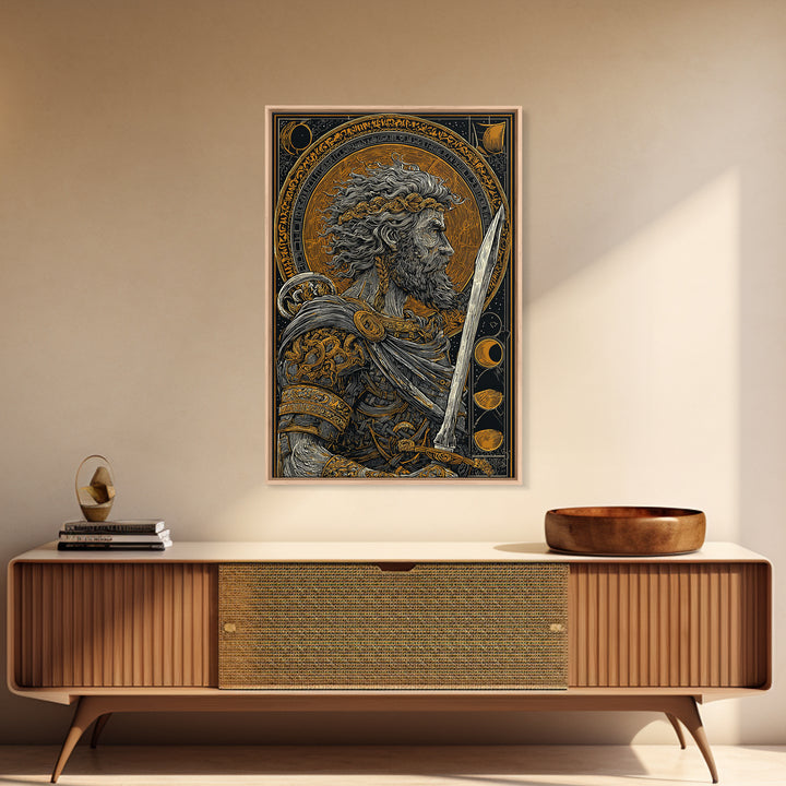 Warrior With Sword And Laurel, Canvas Gold Canvas Print, Greek Myth Wall Art, Heroic Decor, Real Wood Frame Epic Artwork