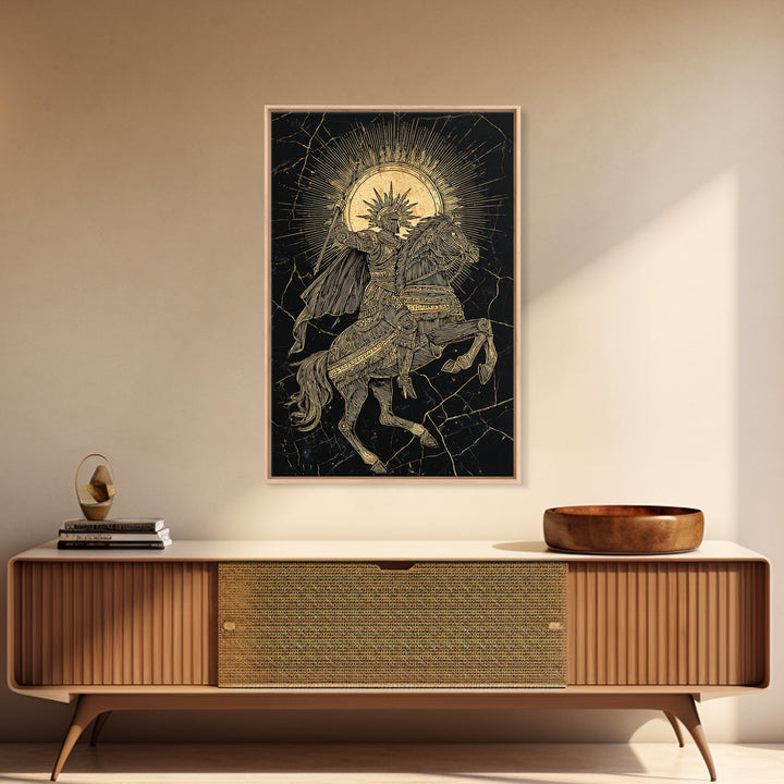 Heroic Warrior On Horseback, Canvas Gold Art, Ancient Soldier Wall Print, Mythology Decor, Real Wood Frame Epic Artwork