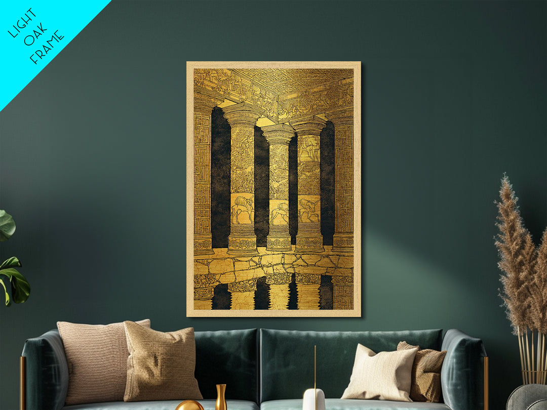 Ancient Greek Temple Columns, Metallic Gold Metal Print, Classical Architecture Wall Art, Historic Decor, Real Wood Frame Artwork