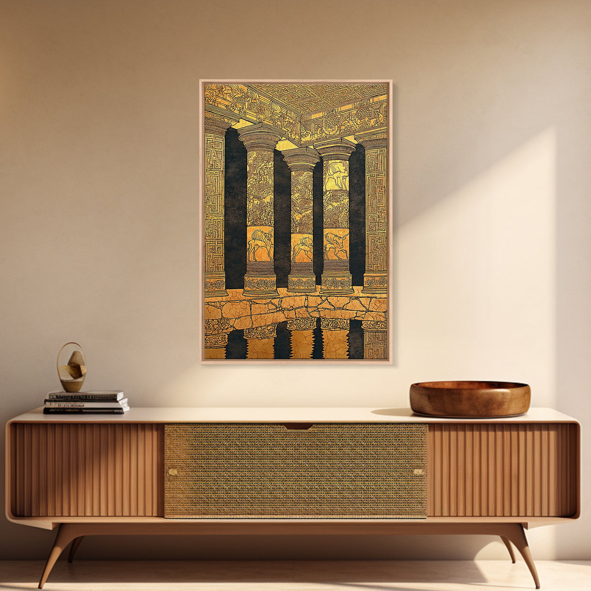 Ancient Greek Temple Columns, Canvas Gold Canvas Print, Classical Architecture Wall Art, Historic Decor, Real Wood Frame Artwork