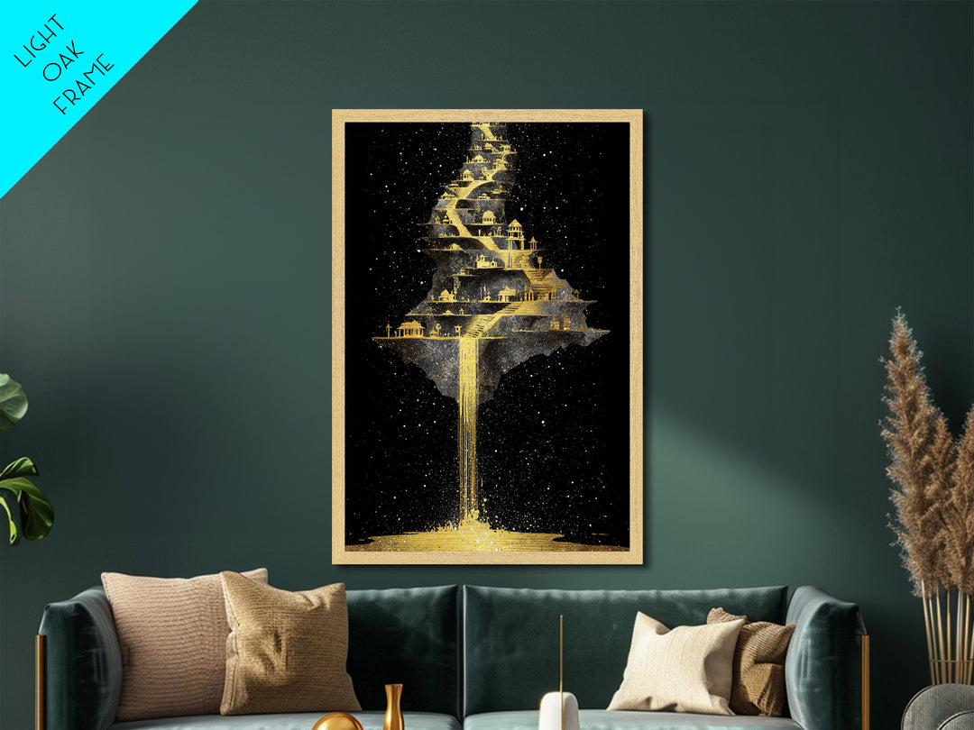 Floating Cosmic City Of Light, Metallic Gold Metal Print, Fantasy Architecture Wall Art, Real Wood Framed Home Decor