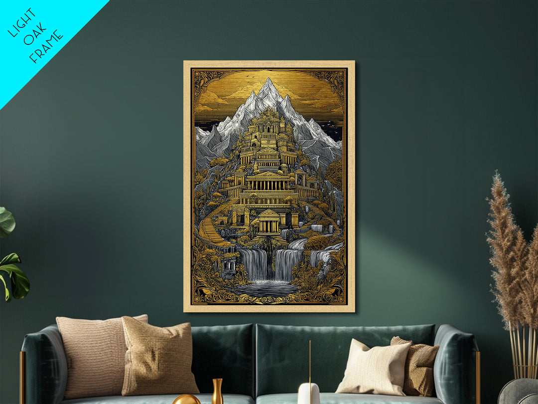 Mythical Mountain Palace With Waterfalls, Metallic Gold Metal Print, Fantasy Landscape Art, Real Wood Framed Wall Decor