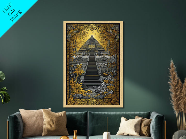 Mythical Ziggurat Sunlit Temple, Metallic Gold Metal Print, Ancient Fantasy Architecture Wall Art, Real Wood Framed Artwork