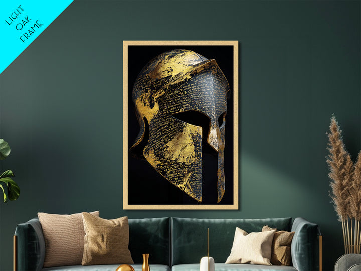 Heavily Ornamented Greek Helmet with Laurel Motif – Metallic Gold Art, Premium Framed Metal Art with Real Wood, Heroic Wall Display