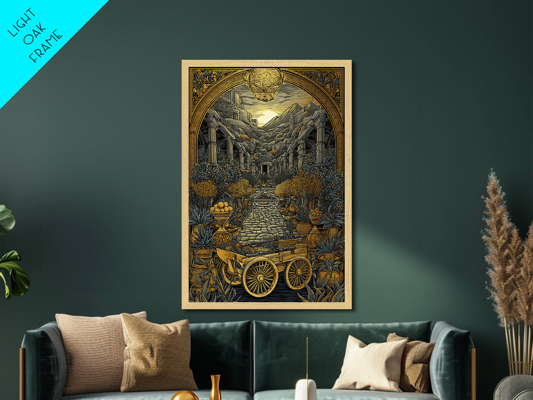 Ancient Courtyard With Columns And Citrus Trees, Metallic Gold Metal Print, Mythical Garden Wall Art, Real Wood Framed Decor