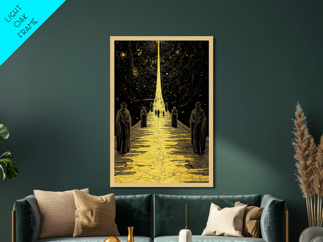 Celestial Path Of Golden Light, Metallic Gold Art, Mystical Night Sky Fantasy Print, Real Wood Framed Wall Artwork