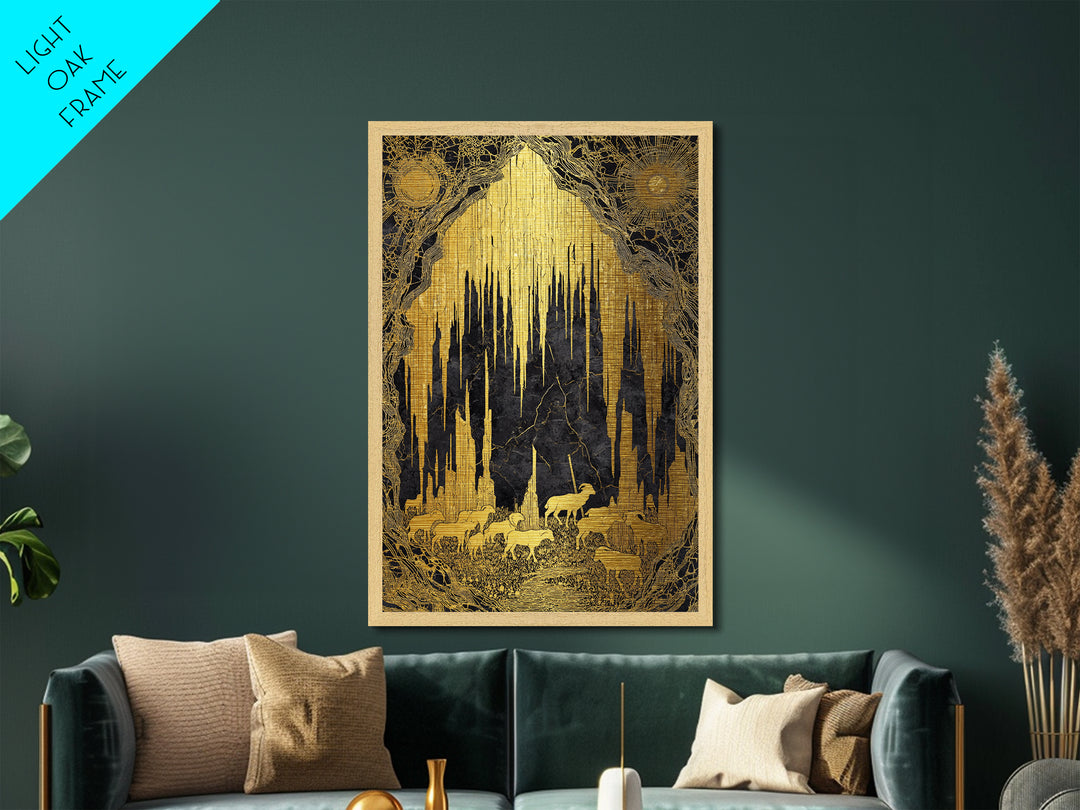Golden Cave With Mountain Goats, Metallic Gold Metal Print, Mythical Nature Landscape Art, Real Wood Framed Wall Decor