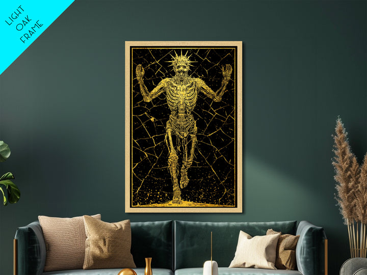 Golden Skeleton With Radiant Crown, Metallic Gold Art, Mythical Dark Fantasy Wall Print, Real Wood Framed Decor