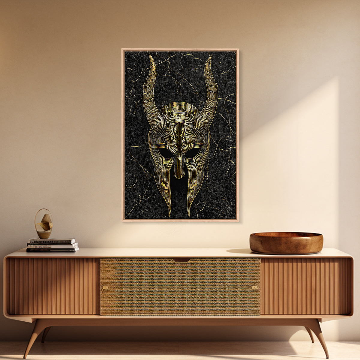 Horned Spartan Helmet Canvas Gold Art, Mythology Warrior Canvas Print, Real Wood Frame Greek Wall Decor