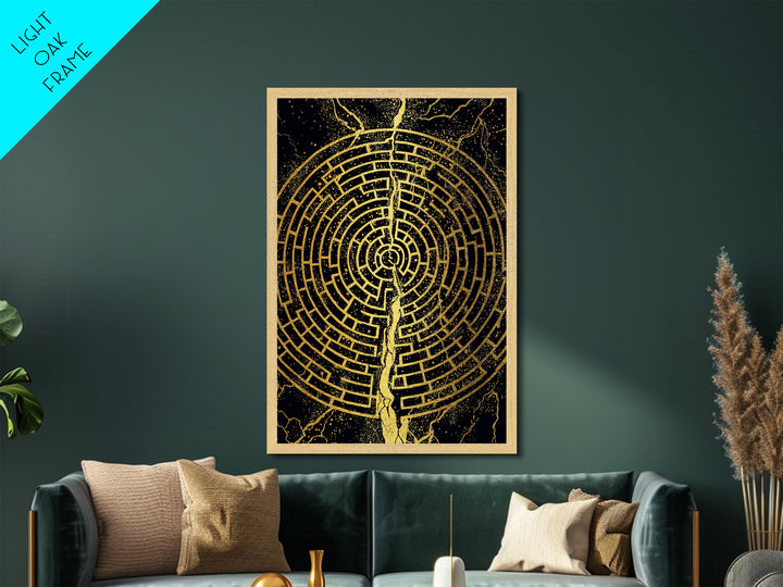 Circular Labyrinth Metallic Gold Art, Ancient Greek Maze Metal Print, Real Wood Frame Mythology Wall Decor