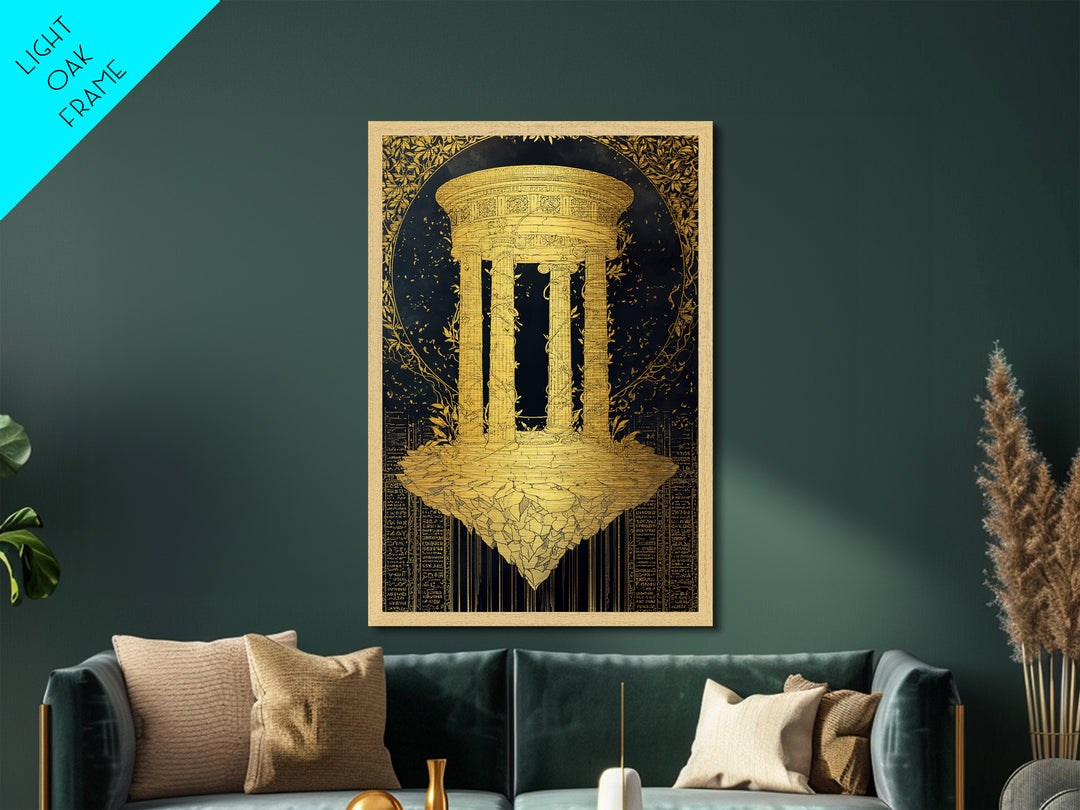 Floating Temple Metallic Gold Metal Print, Classical Architecture Art, Real Wood Frame Ancient Greece Decor