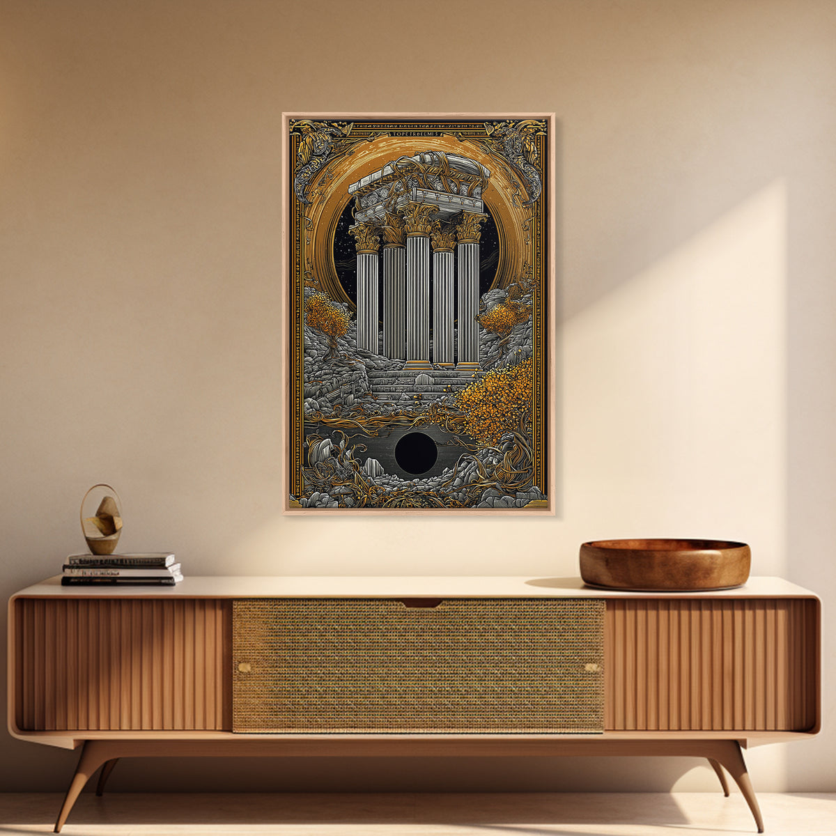 Ancient Greek Columns Canvas Gold Art, Ruins Wall Decor Canvas Print, Real Wood Frame Classical Architecture