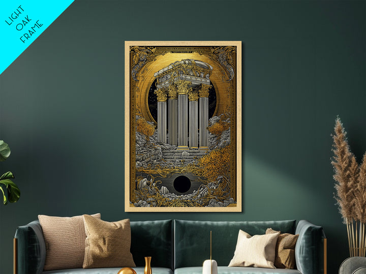 Ancient Greek Columns Metallic Gold Art, Ruins Wall Decor Metal Print, Real Wood Frame Classical Architecture