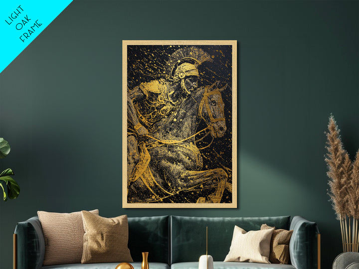 Spartan Horseback Warrior in Motion – Metallic Gold Art, Splatter Style Metal Art, Ancient Greek Military Wall Decor
