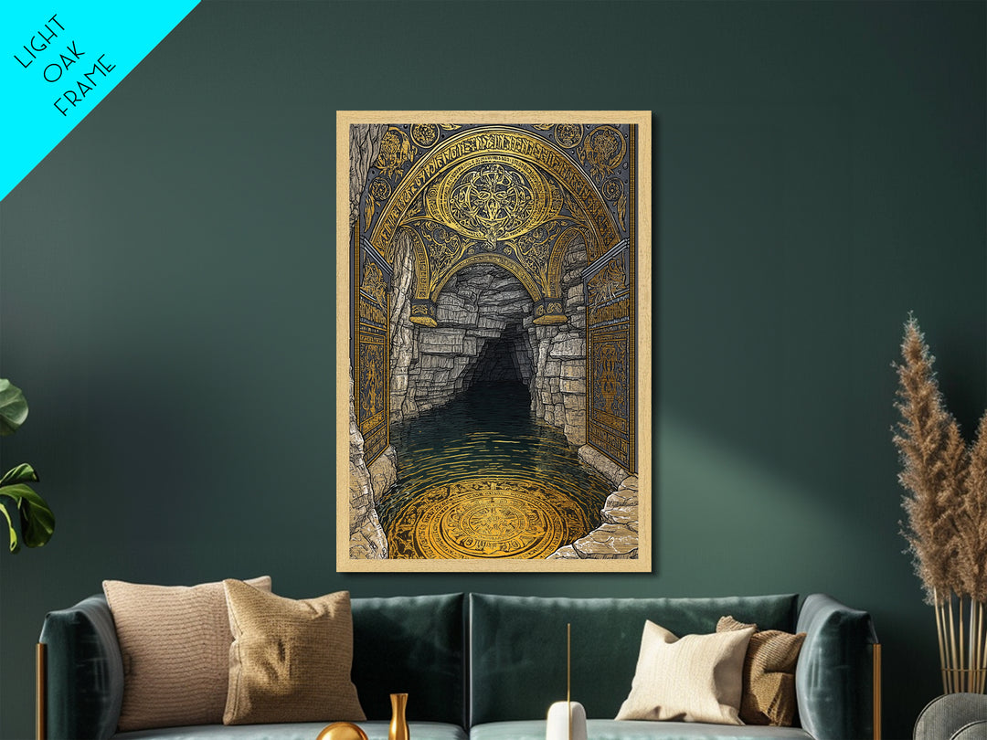 Golden Cave Entrance Metallic Gold Metal Print, Mythology Inspired Wall Art, Real Wood Frame Ancient Greece Decor