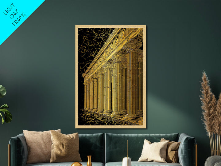Ancient Parthenon Columns Metallic Gold Art, Classical Ruins Wall Decor, Real Wood Frame Metal Print Decor