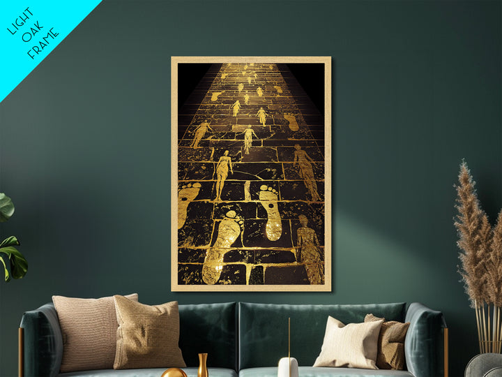 Golden Pathway Of Eternity, Mythic Footsteps, Metallic Gold Metal Print, Real Wood Frame Wall Art