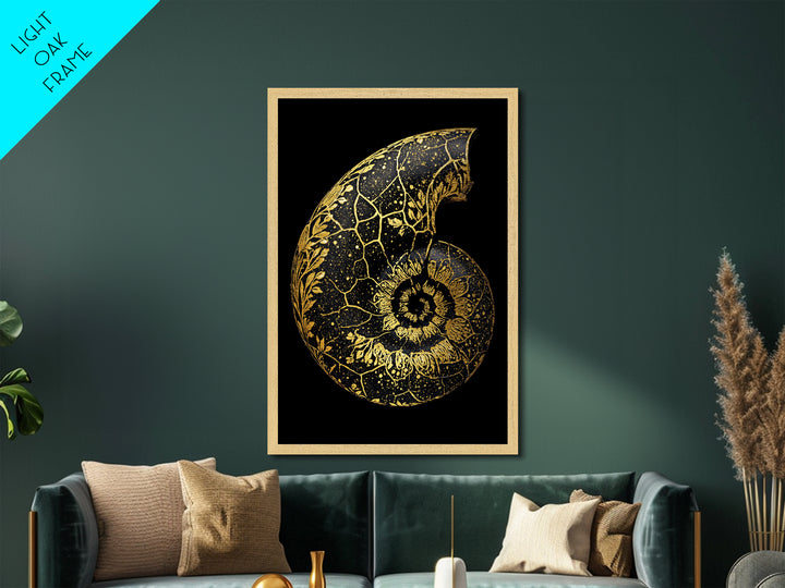 Golden Nautilus Fossil, Nature Inspired Abstract, Metallic Gold Metal Print, Real Wood Frame Wall Art