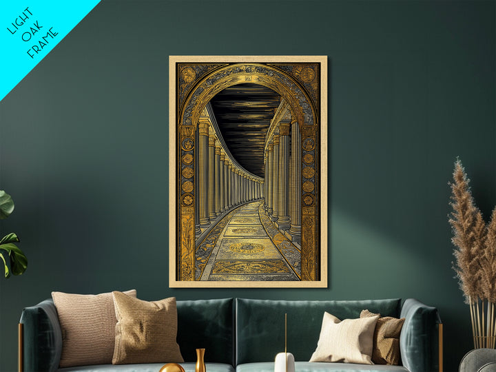 Endless Colonnade, Ancient Architecture Corridor, Metallic Gold Metal Print, Real Wood Frame Wall Art