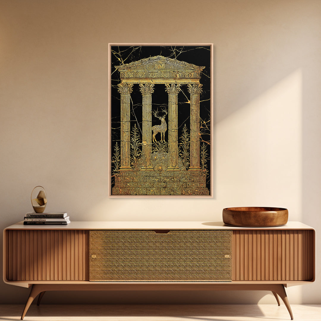 Stag At The Temple, Mythic Nature Scene, Canvas Gold Canvas Print, Real Wood Frame Wall Art