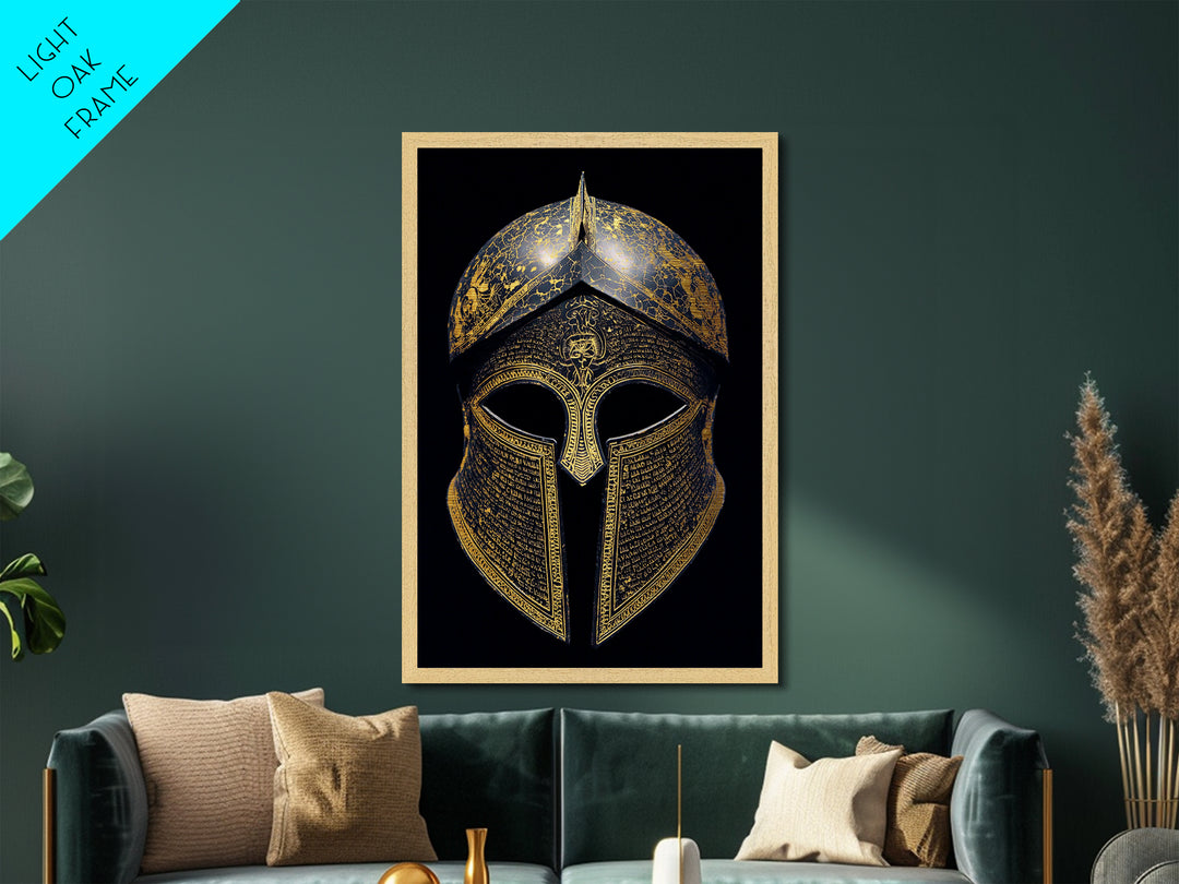 Ancient Greek Helmet with Cracked Texture and Text – Metallic Gold Art, Real Wood Frame Metal Art, Historical Spartan Wall Decor