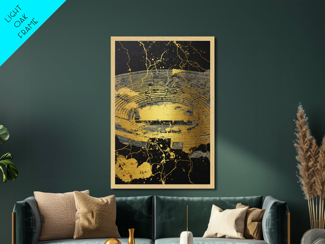 Ancient Theater Abstract, Splattered Metallic Gold Metal Print, Greek Myth Wall Art, Dramatic Decor, Wood Frame