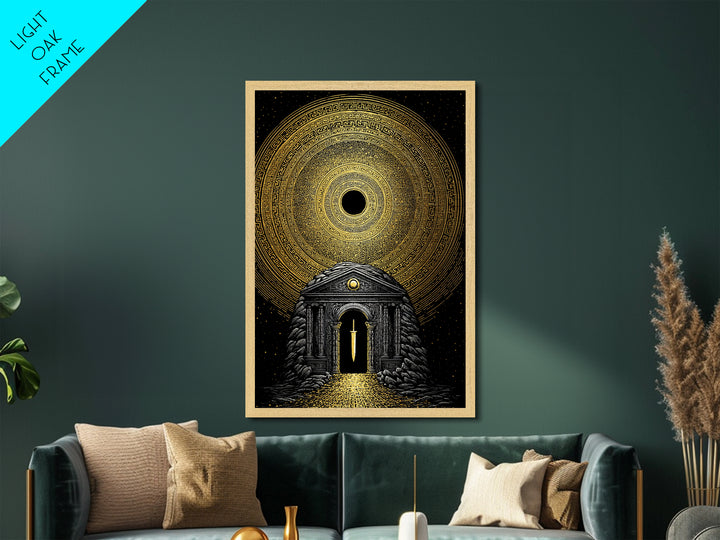 Sword Temple Cosmic Design, Mythology Wall Art, Metallic Gold Metal Print, Fantasy Decor, Ancient Architecture, Wood Frame