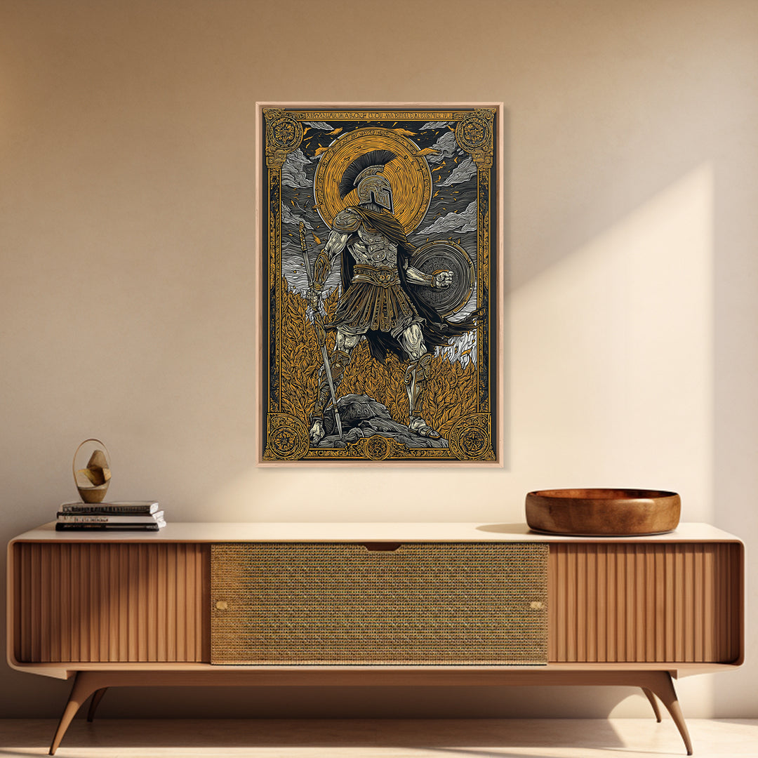 Greek Warrior With Shield, Ancient Mythology Wall Art, Canvas Gold Canvas Print, Heroic Decor, Dramatic Design, Wood Frame