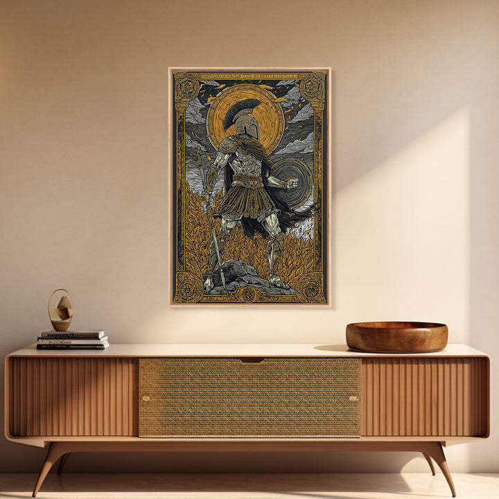 Greek Warrior With Shield, Ancient Mythology Wall Art, Canvas Gold Canvas Print, Heroic Decor, Dramatic Design, Wood Frame