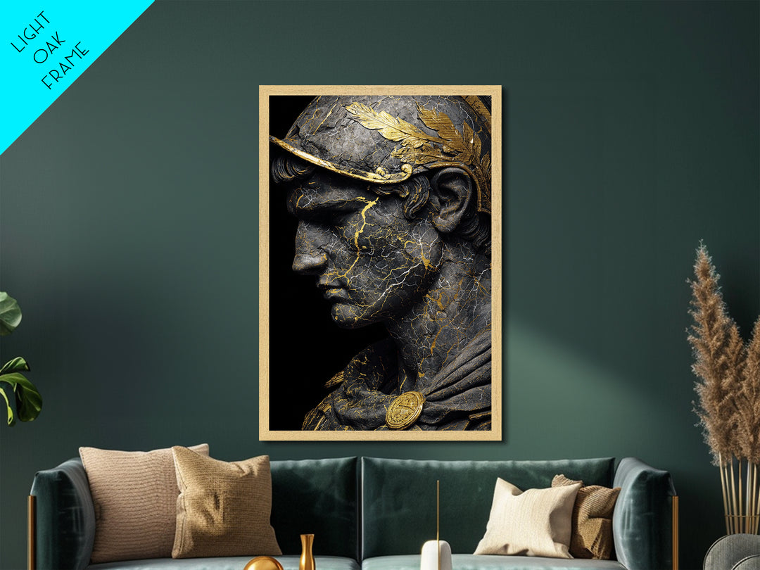 Roman Bust Statue, Classical Sculpture Wall Art, Metallic Gold Metal Print, Ancient Decor, Regal Design, Wood Frame