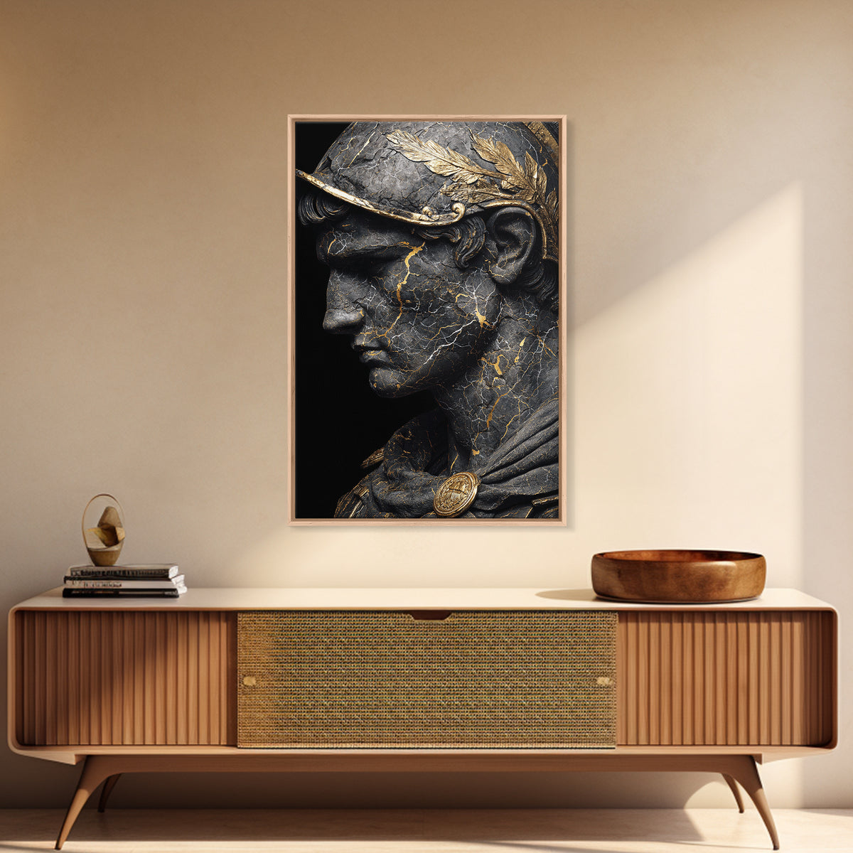 Roman Bust Statue, Classical Sculpture Wall Art, Canvas Gold Canvas Print, Ancient Decor, Regal Design, Wood Frame