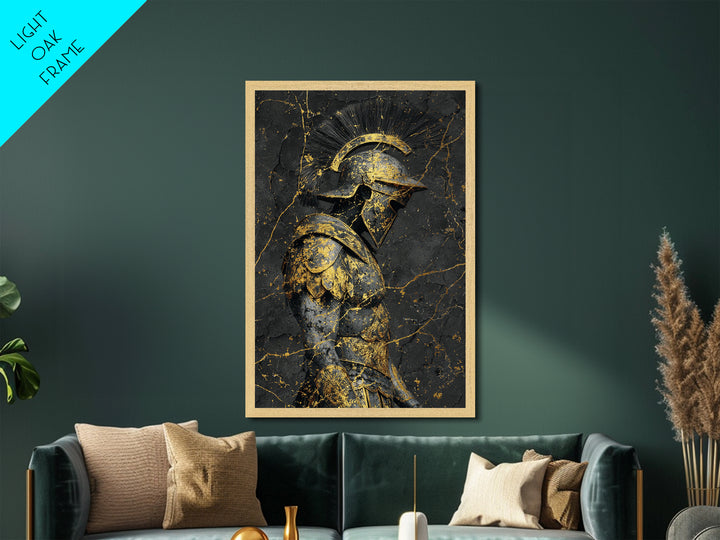Roman Soldier Statue, Metallic Gold Metal Print, Ancient Warrior Wall Art, Real Wood Frame, Luxury Mythology Home Decor