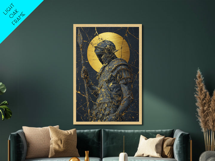 Spartan Warrior With Spear, Metallic Gold Metal Print, Ancient Soldier Wall Art, Real Wood Frame Decor, Luxury Mythology