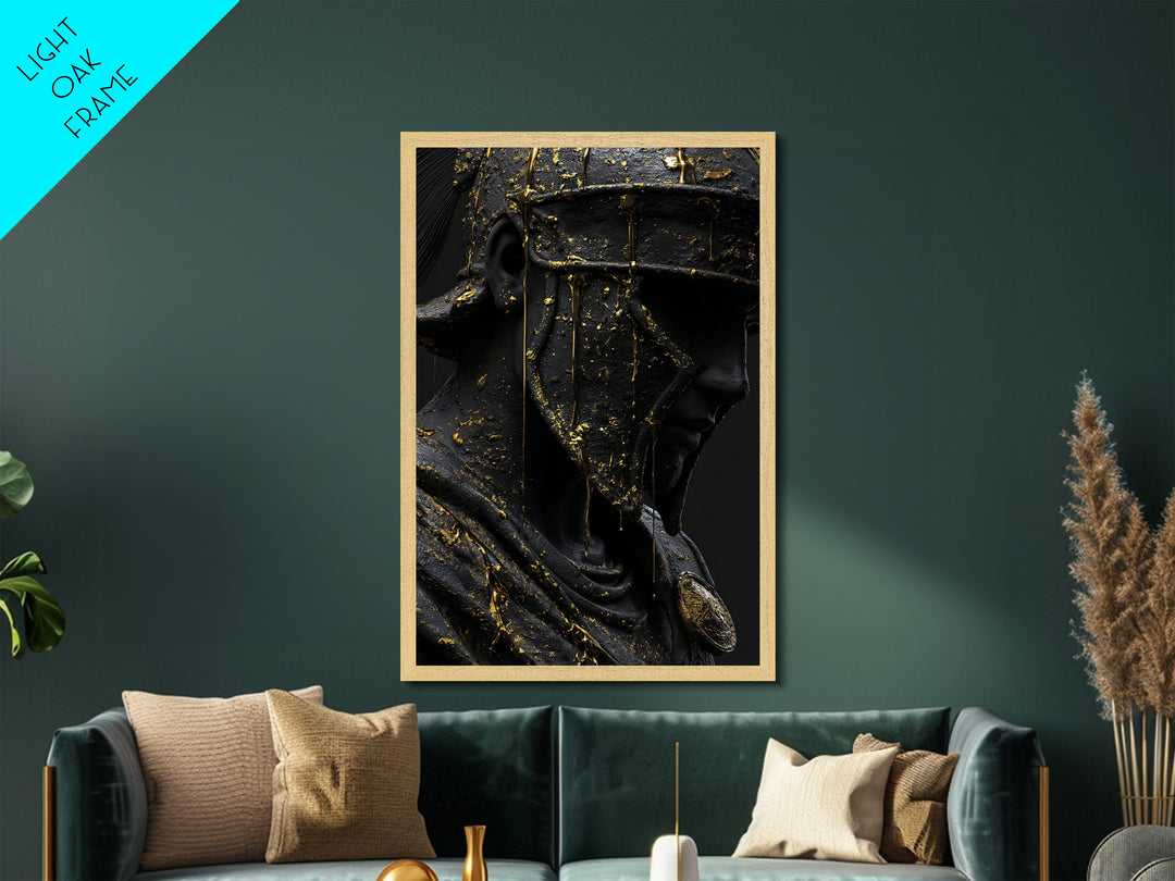 Spartan Warrior Bust, Metallic Gold Art, Ancient Helmet Metal Print, Real Wood Frame Wall Decor, Luxury Mythology Artwork