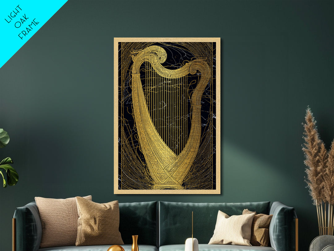 Golden Harp on Marble with Ornamental Lines – Metallic Gold Art, Metal Art in Real Wood Frame, Classical Music Instrument Decor