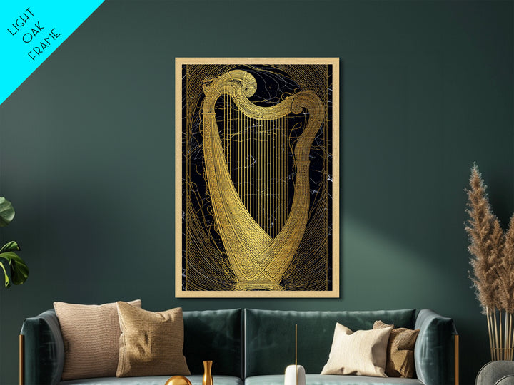Golden Harp on Marble with Ornamental Lines – Metallic Gold Art, Metal Art in Real Wood Frame, Classical Music Instrument Decor
