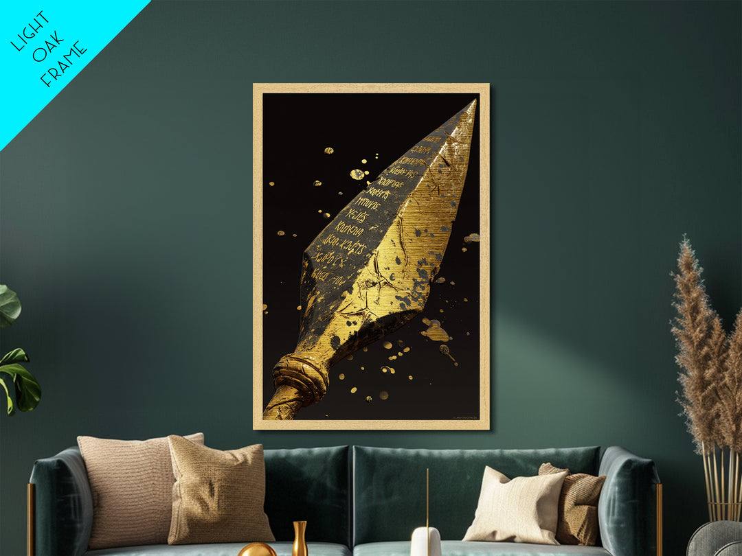 Inscribed Greek Spearhead in Motion Splash – Metallic Gold Art, Warrior Weapon Real Wood Framed Metal Art, Spartan Weapon Decor