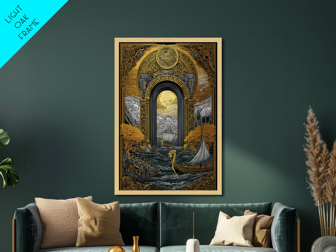 Viking Longships Through Mythic Gate – Metallic Gold Art, Epic Seafaring Metal Art in Real Wood Frame, Norse Voyage Wall Print