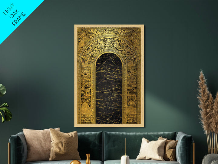Ancient Greek Archway with Myth Scenes – Metallic Gold Art, Classical Panel Metal Art with Real Wood Frame, Temple Wall Decor