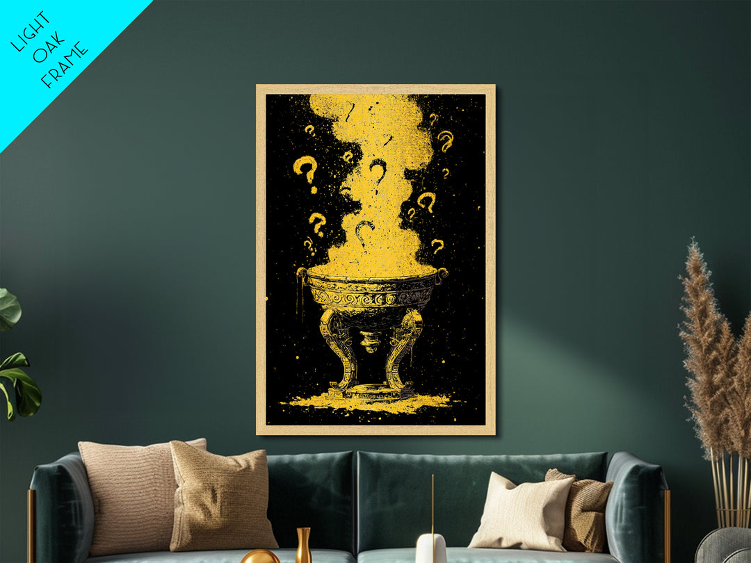Golden Oracle Bowl with Rising Smoke – Metallic Gold Art, Mystical Ritual Metal Art Framed in Real Wood, Ancient Prophecy Decor