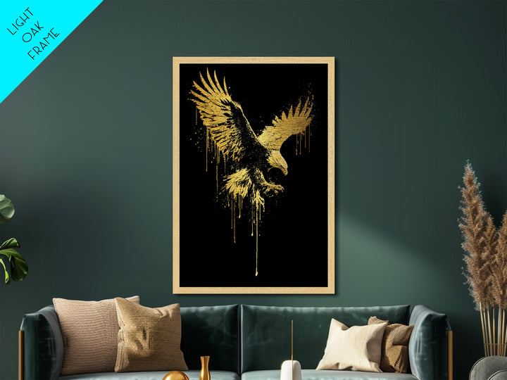 Flying Gold Splatter Eagle in Mid-Descent – Metallic Gold Art, Real Wood Framed Metal Art, Dynamic Bird of Prey Wall Statement
