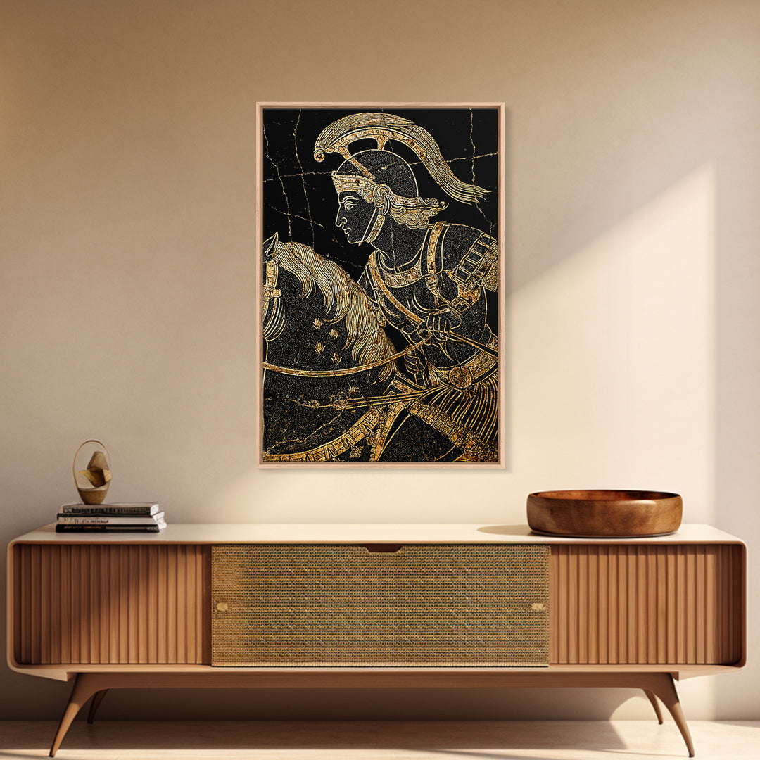Ancient Greek Vase-Inspired Horseback Warrior – Canvas Gold Art, Classic Antiquity Linework Canvas Art, Mythic Wall Decor