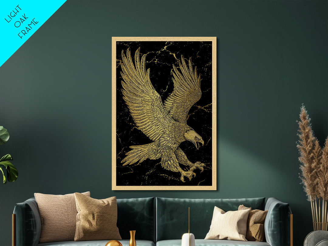 Detailed Golden Eagle with Spread Wings – Metallic Gold Art, Precision Linework Metal Art in Real Wood Frame, Regal Animal Decor