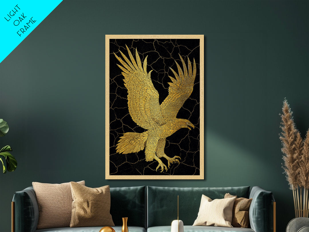 Golden Eagle Metal Art, Metal Print in Metallic Gold, Framed Metal Wall Art with Real Wood Frame, Black Background Luxury Wildlife Decor