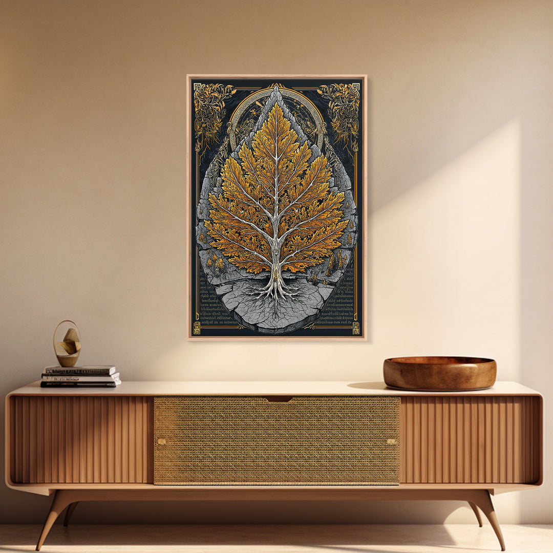 Tree of Life Canvas Art, Canvas Gold Canvas Print, Framed Canvas Wall Art with Real Wood Frame, Intricate Botanical Statement Decor