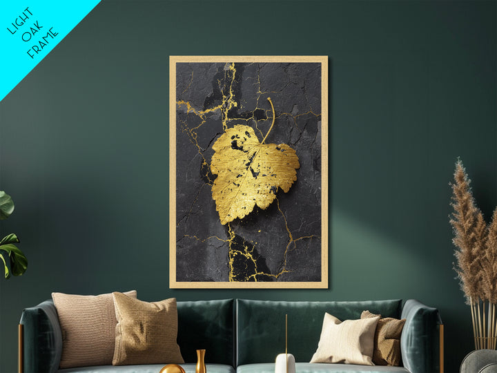 Gold Leaf on Black Marble Metal Art, Metallic Gold Metal Print, Framed Metal Wall Art with Real Wood Frame, Minimalist Modern Decor