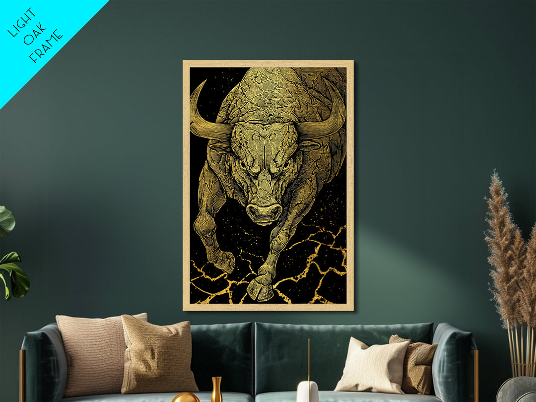 Charging Bull Metallic Gold Metal Print, Framed Metal Wall Art with Real Wood Frame, Dynamic Black and Gold Animal Decor