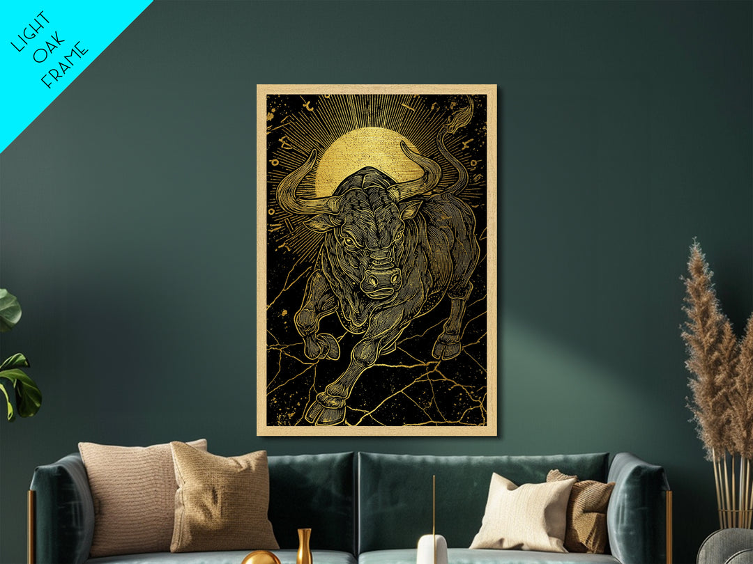 Taurus Bull Metallic Gold Metal Print, Framed Metal Wall Art with Real Wood Frame, Zodiac Sun Disc Black and Gold Gallery Decor